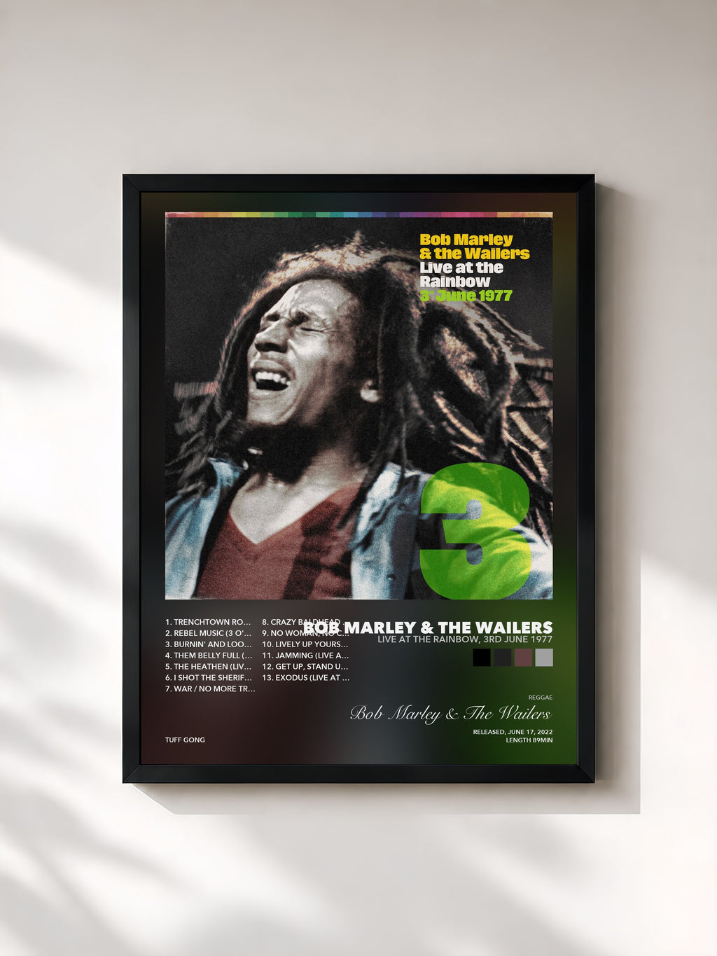 Tableau de l'album Live At The Rainbow, 3rd June 1977 de Bob Marley & The Wailers, imprimé et encadré en France