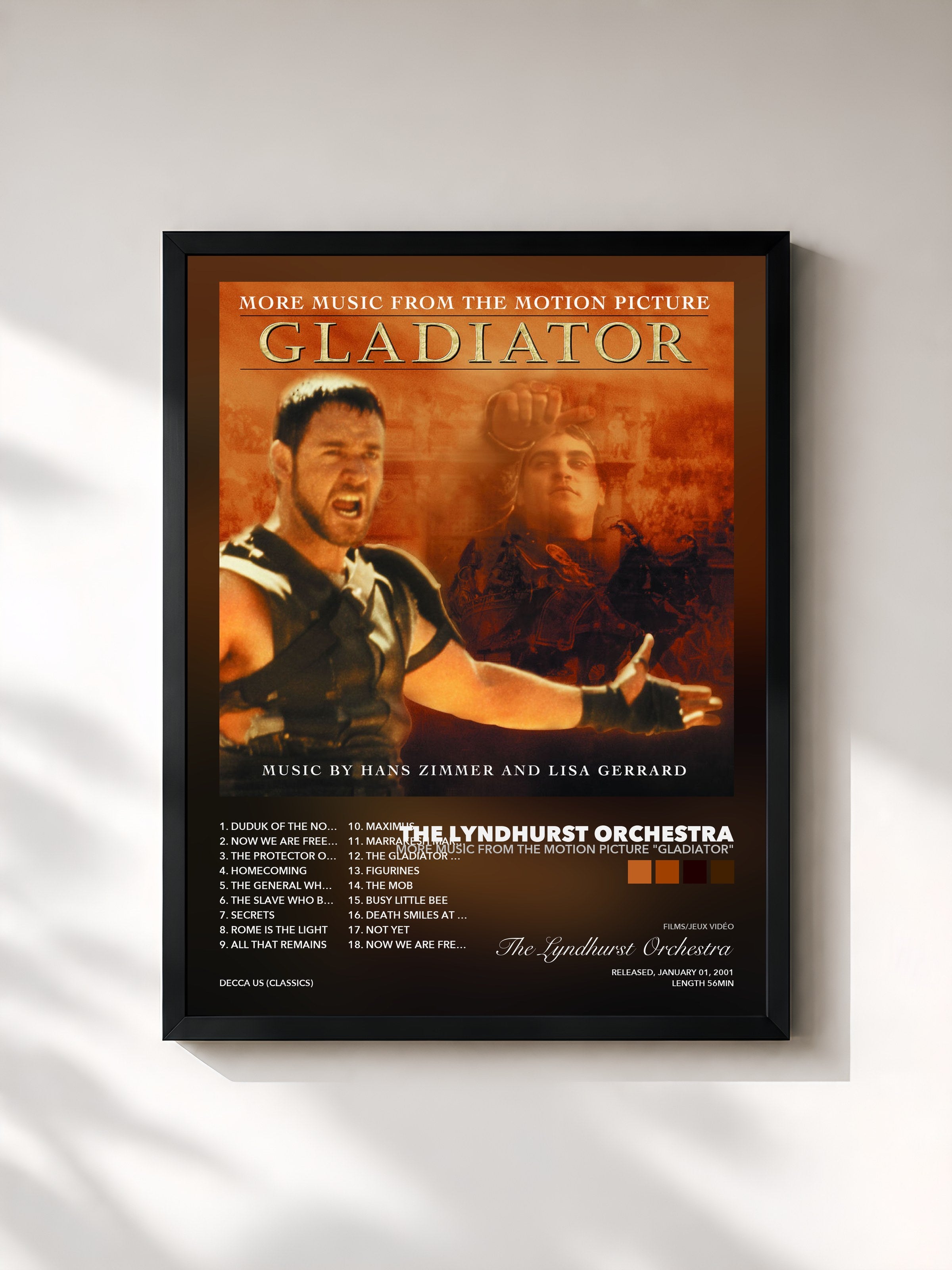 Tableau de l'album More Music From The Motion Picture "Gladiator" de The Lyndhurst Orchestra, imprimé et encadré en France