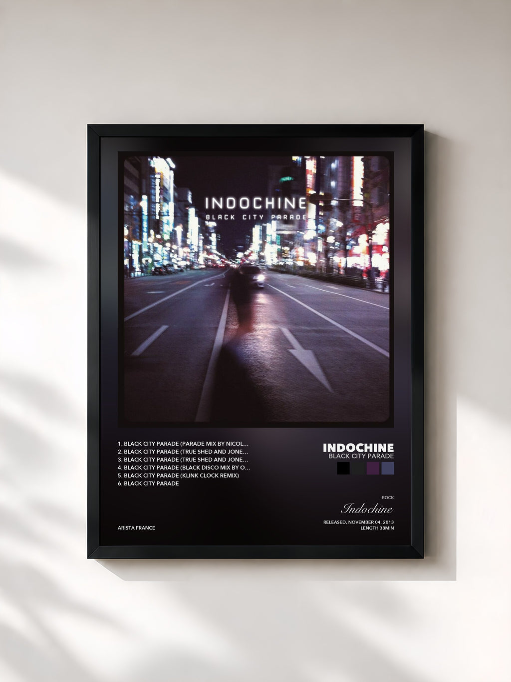 Tableau de l'album Black City Parade de Indochine, imprimé et encadré en France