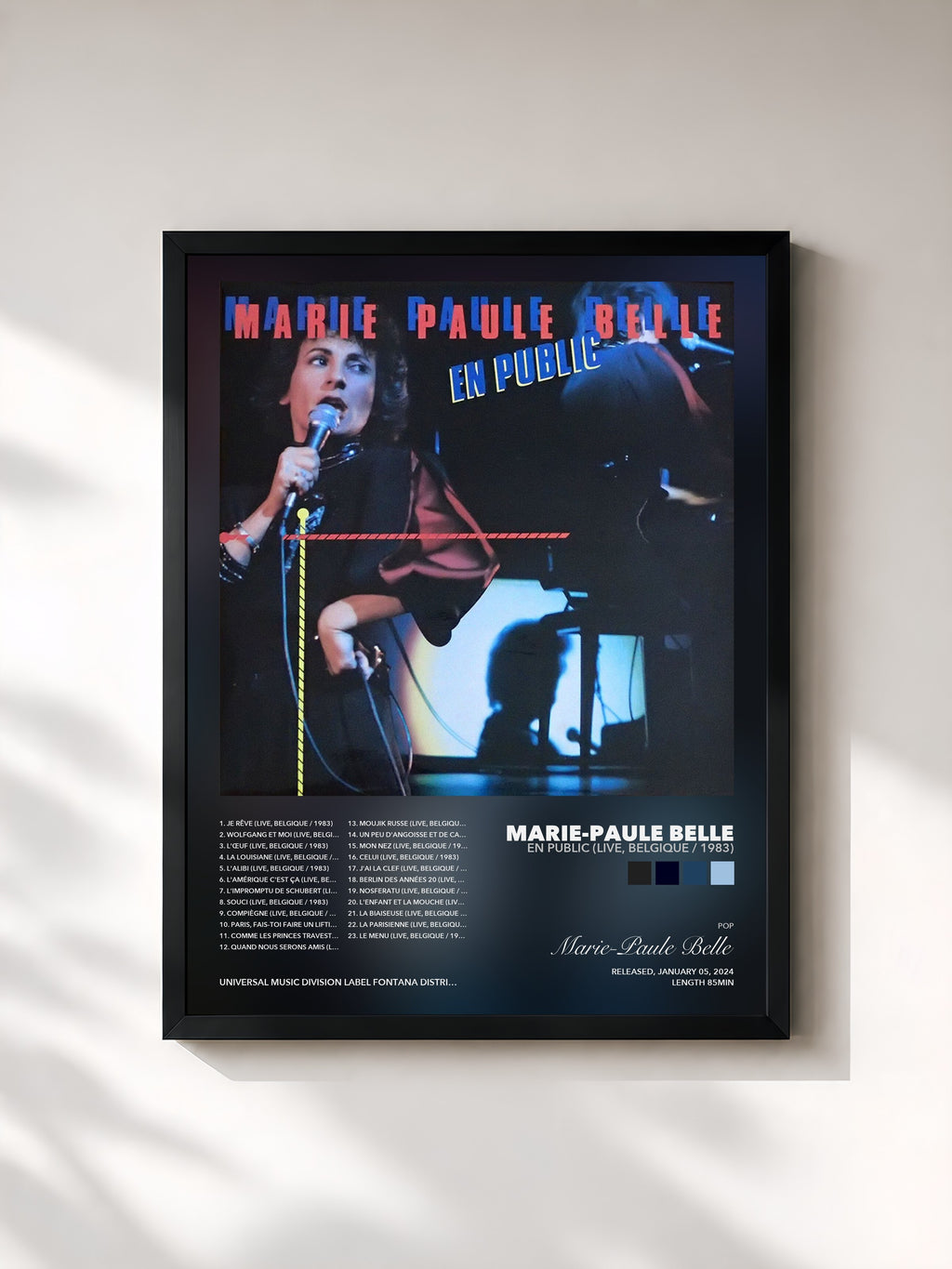 Tableau de l'album En public (Live, Belgique / 1983) de Marie-Paule Belle, imprimé et encadré en France