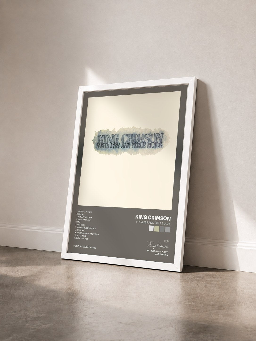 #blanc Tableau de l'album Starless And Bible Black de King Crimson vu de trois quarts, cadre blanc