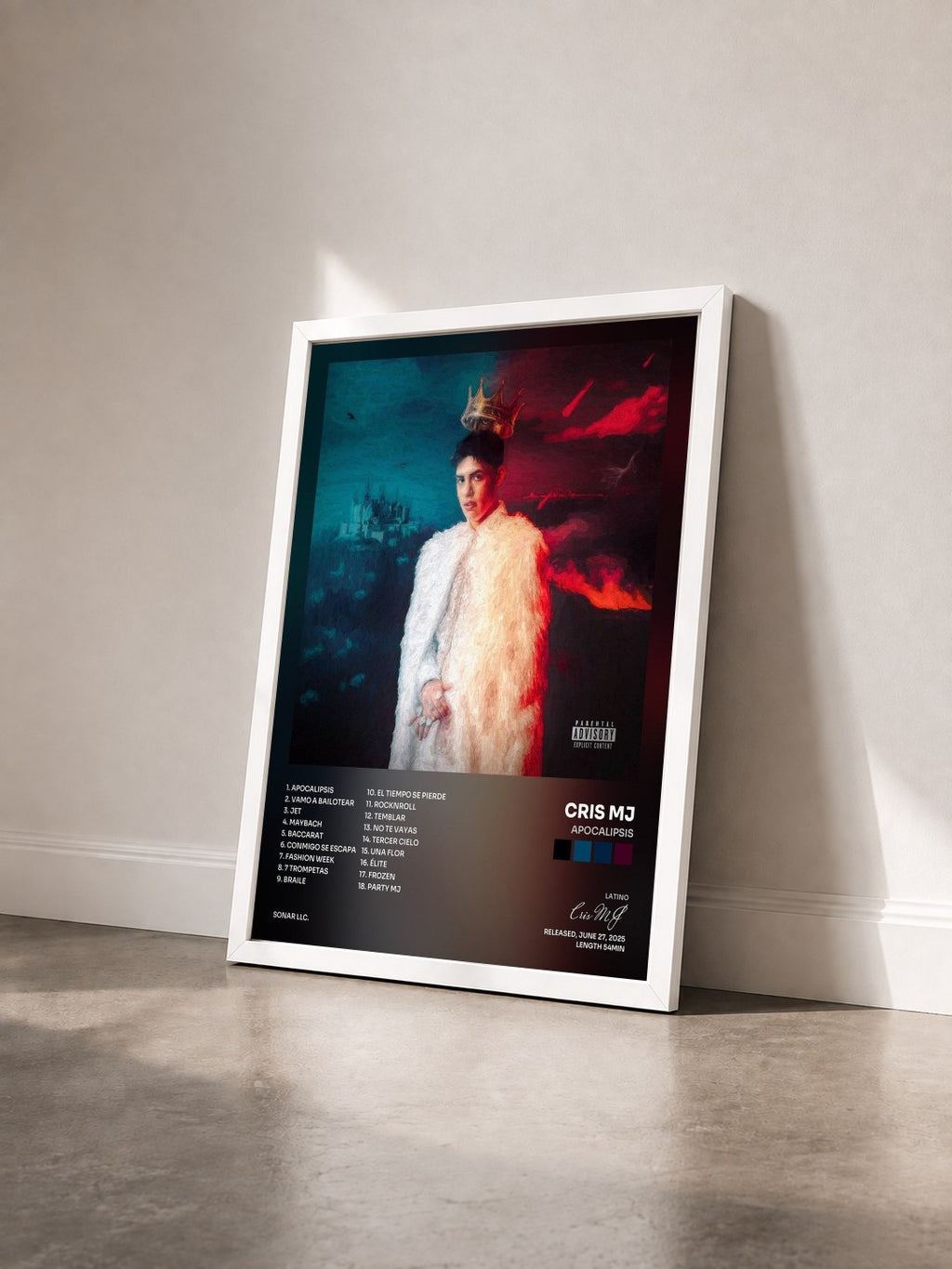 #blanc Tableau de l'album Apocalipsis de Cris MJ vu de trois quarts, cadre blanc