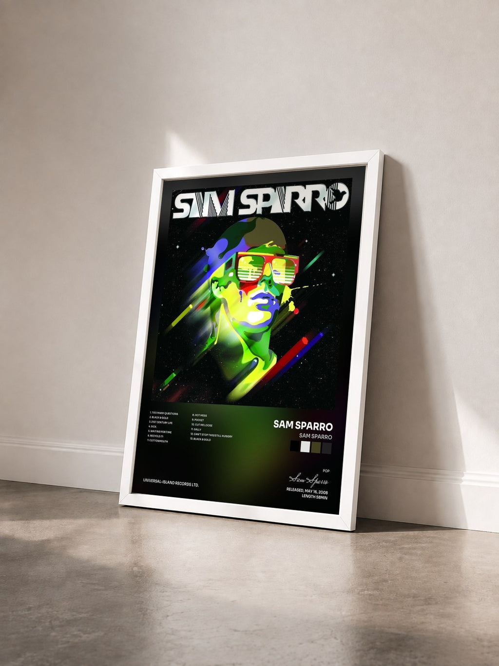 #blanc Tableau de l'album Sam Sparro de Sam Sparro vu de trois quarts, cadre blanc