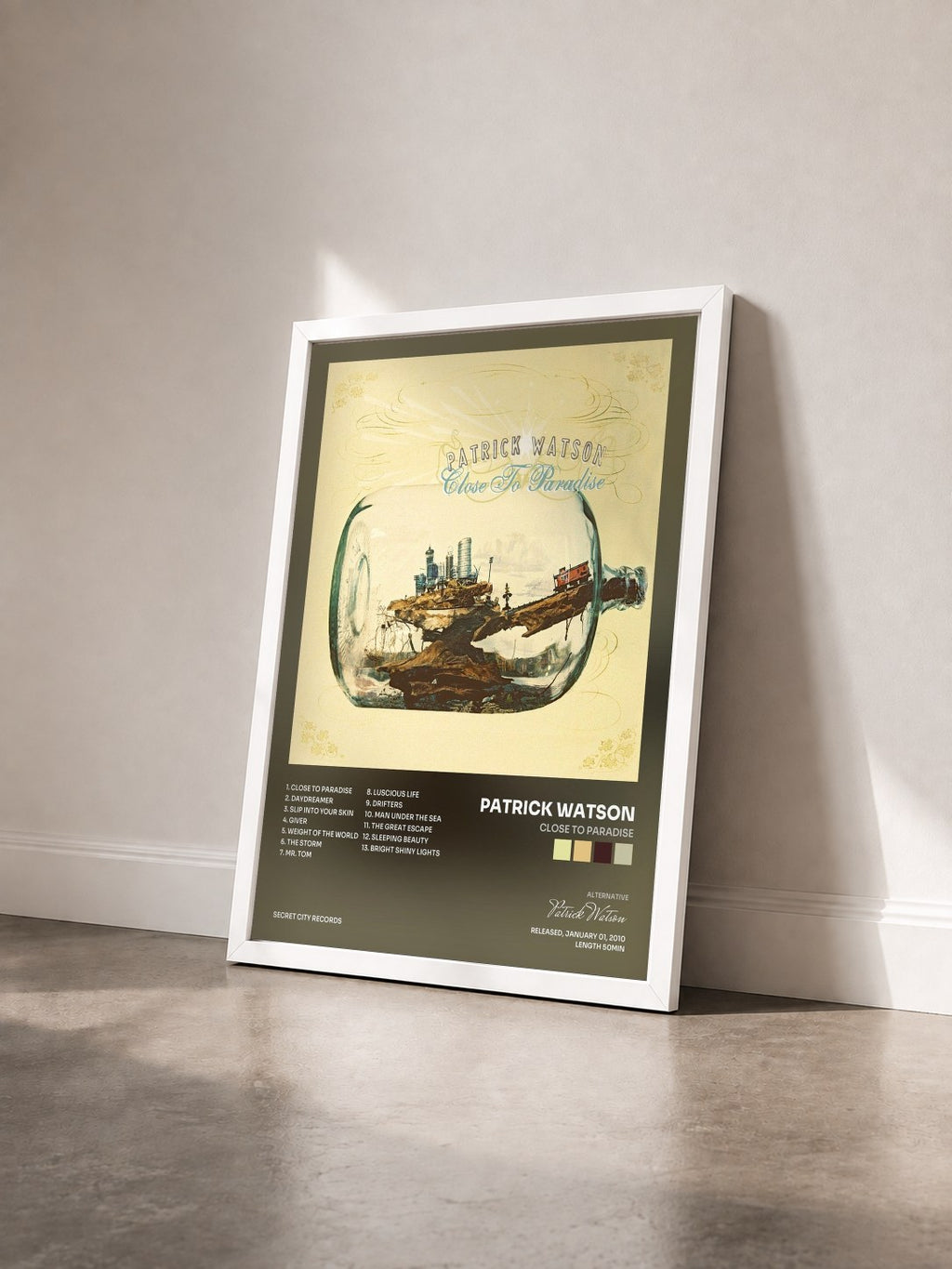 #blanc Tableau de l'album Close to Paradise de Patrick Watson vu de trois quarts, cadre blanc