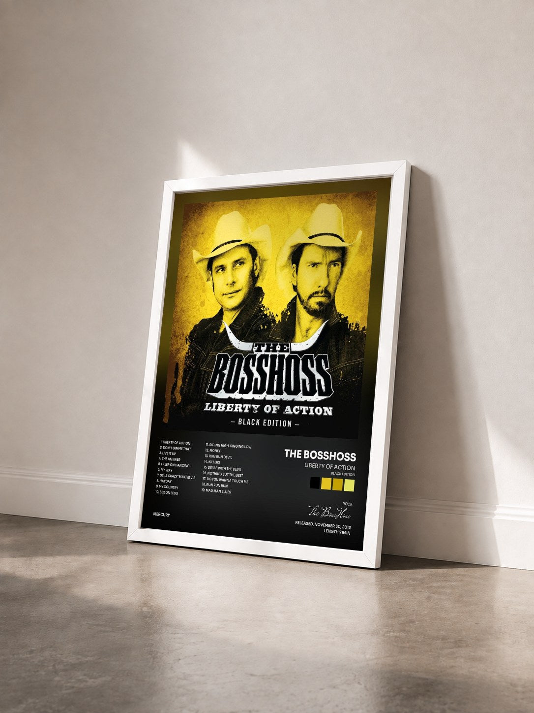 #blanc Tableau de l'album Liberty Of Action (Black Edition) de The BossHoss vu de trois quarts, cadre blanc