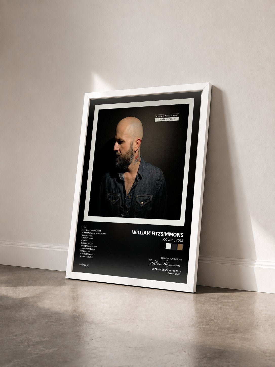 #blanc Tableau de l'album Covers, Vol.1 de William Fitzsimmons vu de trois quarts, cadre blanc