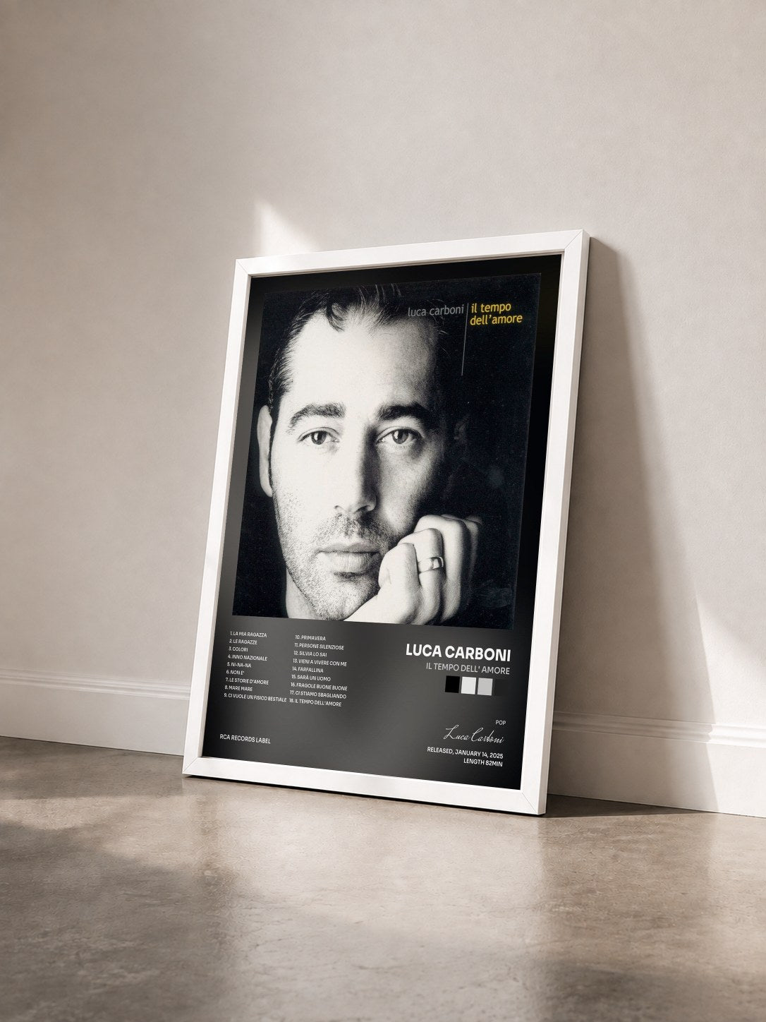 #blanc Tableau de l'album Il Tempo Dell' Amore de Luca Carboni vu de trois quarts, cadre blanc