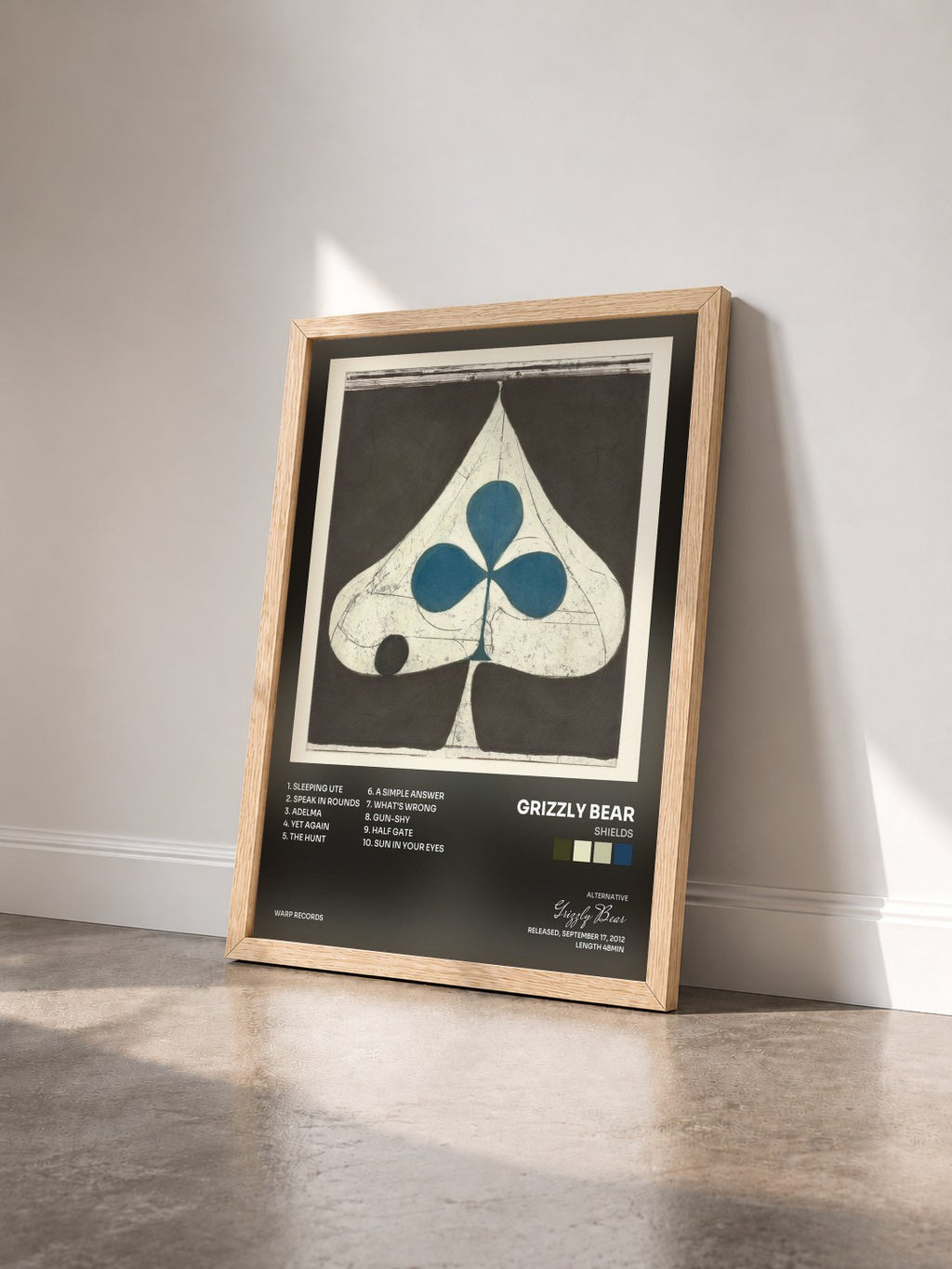 #bois Tableau de l'album Shields de Grizzly Bear vu de trois quarts, cadre en bois brut
