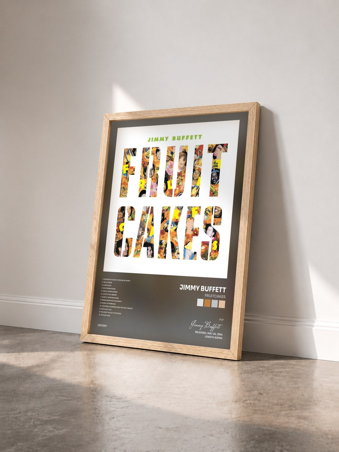 #bois Tableau de l'album Fruitcakes de Jimmy Buffett vu de trois quarts, cadre en bois brut
