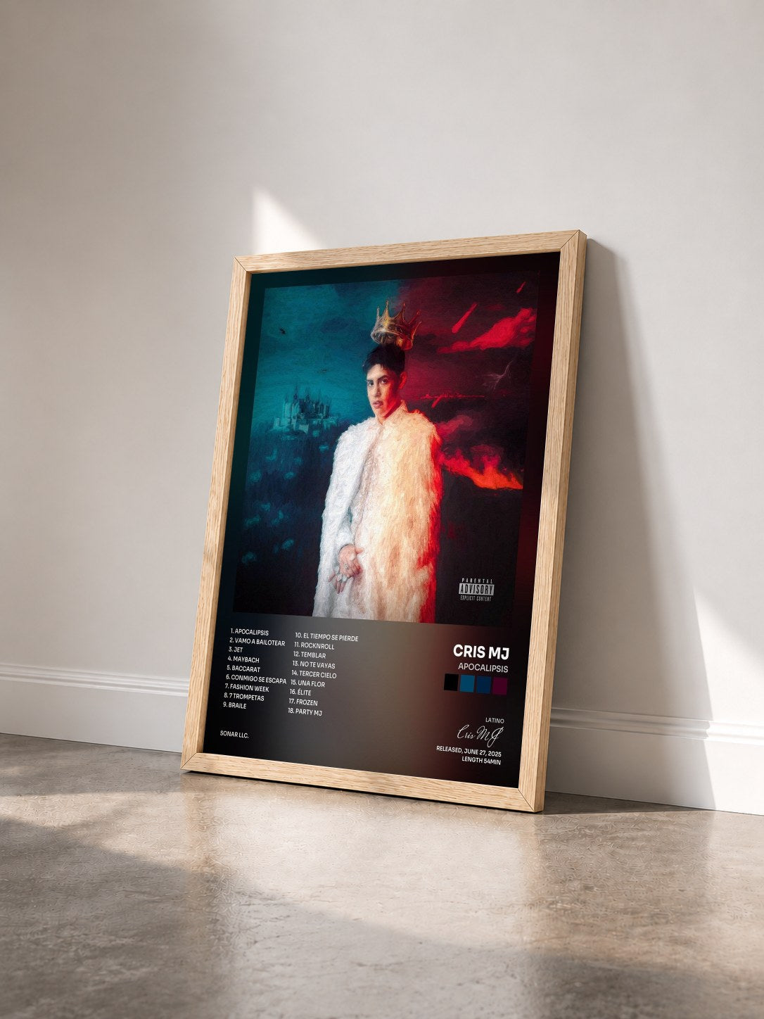 #bois Tableau de l'album Apocalipsis de Cris MJ vu de trois quarts, cadre en bois brut