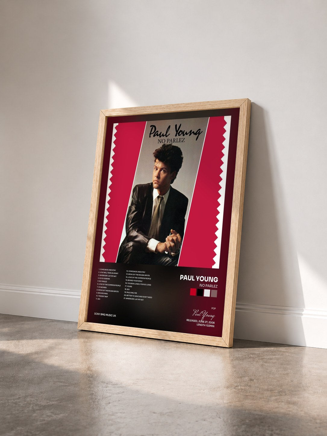 #bois Tableau de l'album No Parlez de Paul Young vu de trois quarts, cadre en bois brut
