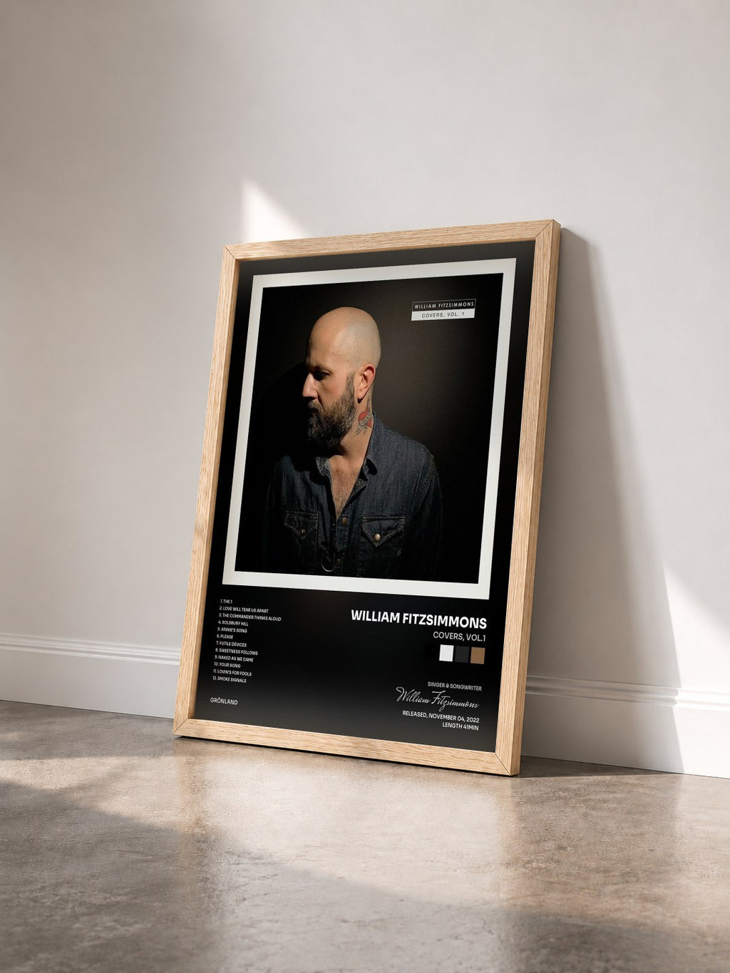 #bois Tableau de l'album Covers, Vol.1 de William Fitzsimmons vu de trois quarts, cadre en bois brut
