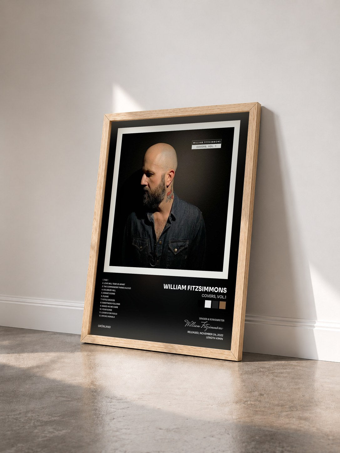 #bois Tableau de l'album Covers, Vol.1 de William Fitzsimmons vu de trois quarts, cadre en bois brut