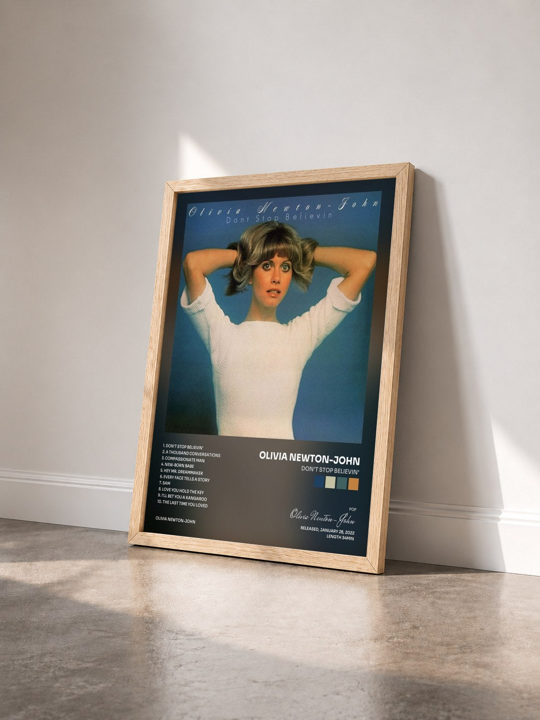 #bois Tableau de l'album Don't Stop Believin' de Olivia Newton-John vu de trois quarts, cadre en bois brut
