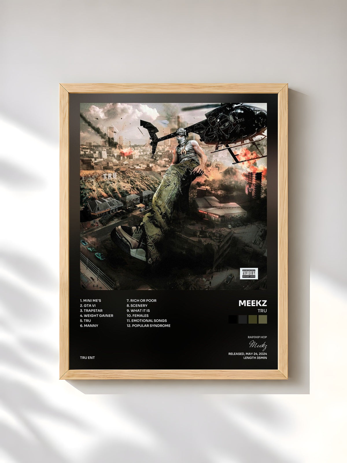 #bois Tableau de l'album TRU de Meekz, cadre en bois brut, imprimé et encadré en France