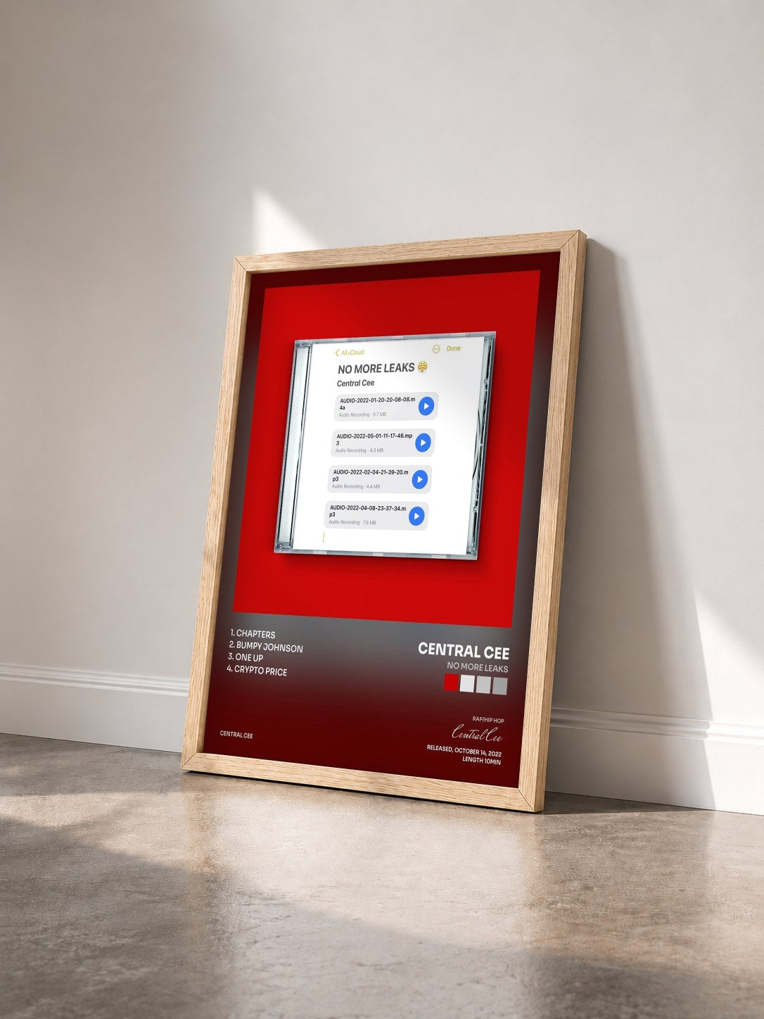 #bois Tableau de l'album No More Leaks de Central Cee vu de trois quarts, cadre en bois brut