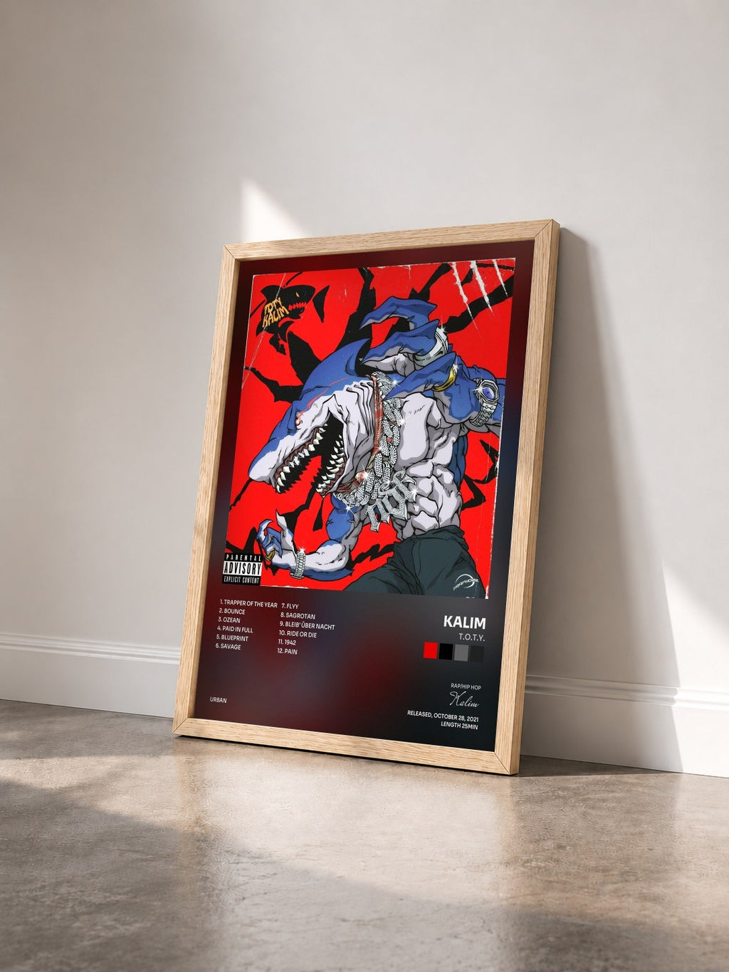 #bois Tableau de l'album T.O.T.Y. de Kalim vu de trois quarts, cadre en bois brut