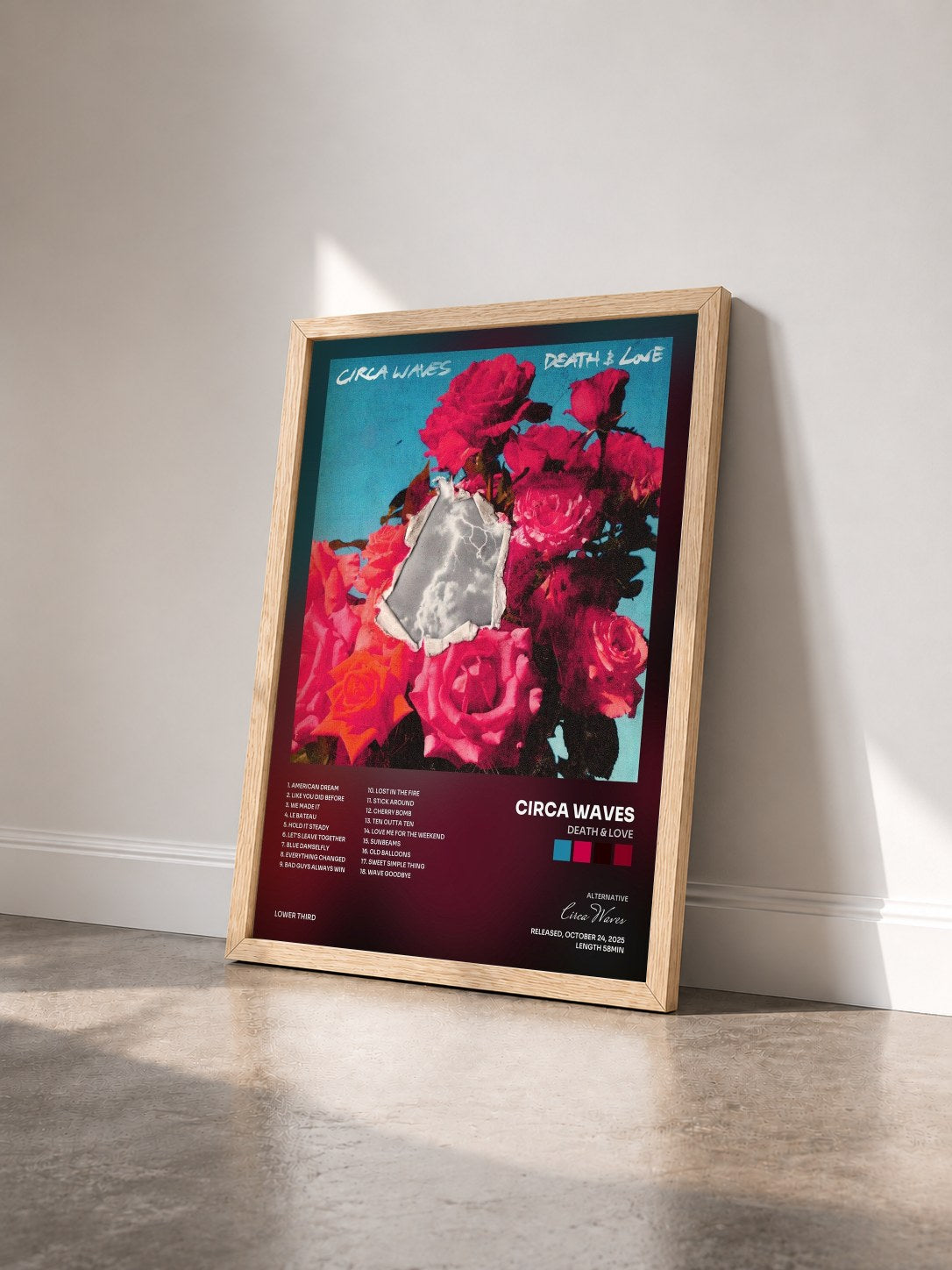 #bois Tableau de l'album Death & Love de Circa Waves vu de trois quarts, cadre en bois brut