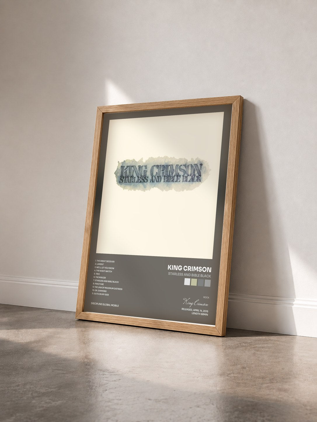 #bois Tableau de l'album Starless And Bible Black de King Crimson vu de trois quarts, cadre en bois brut