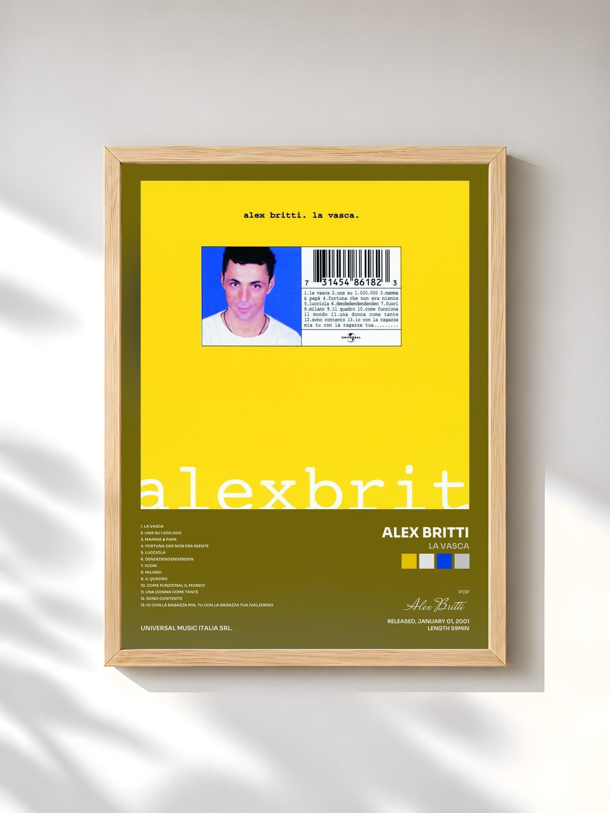 #bois Tableau de l'album La Vasca de Alex Britti, cadre en bois brut, imprimé et encadré en France