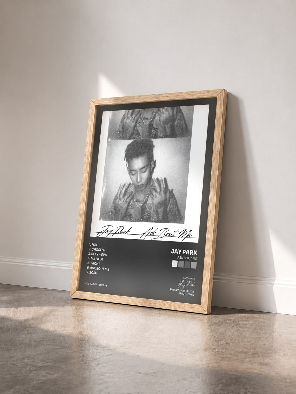 #bois Tableau de l'album Ask Bout Me de Jay Park vu de trois quarts, cadre en bois brut