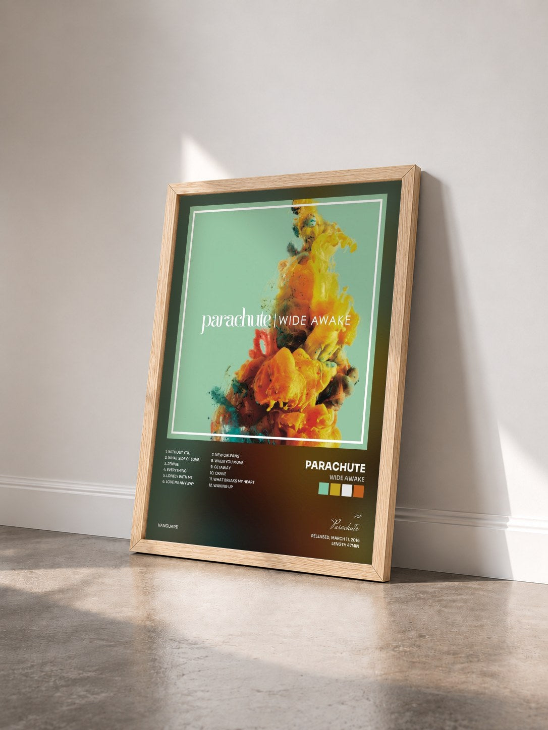 #bois Tableau de l'album Wide Awake de Parachute vu de trois quarts, cadre en bois brut