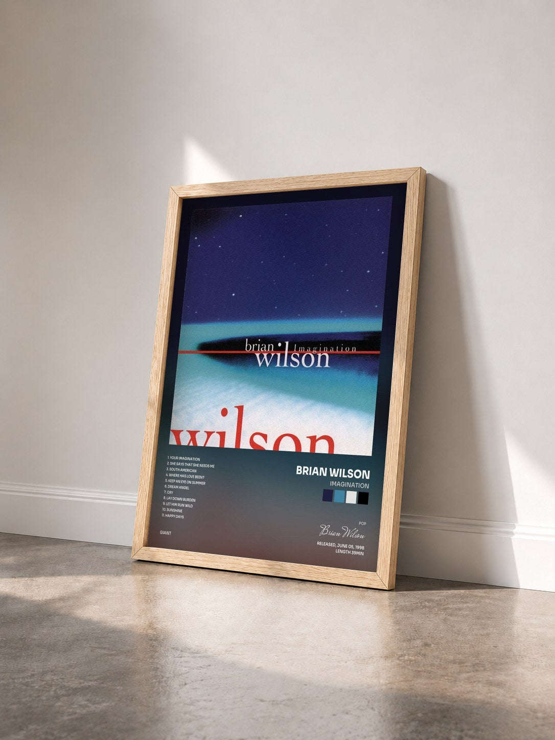 #bois Tableau de l'album Imagination de Brian Wilson vu de trois quarts, cadre en bois brut