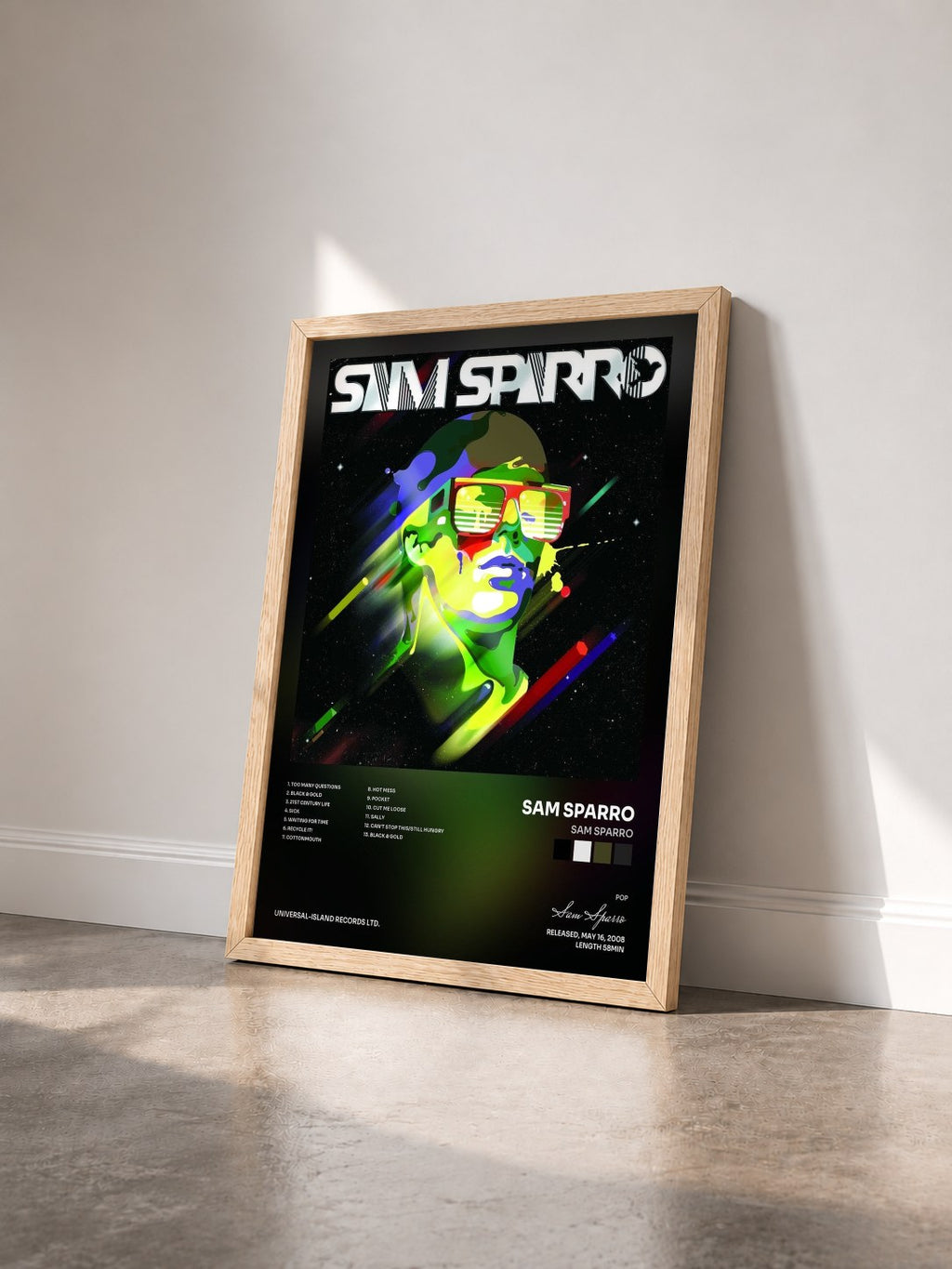#bois Tableau de l'album Sam Sparro de Sam Sparro vu de trois quarts, cadre en bois brut