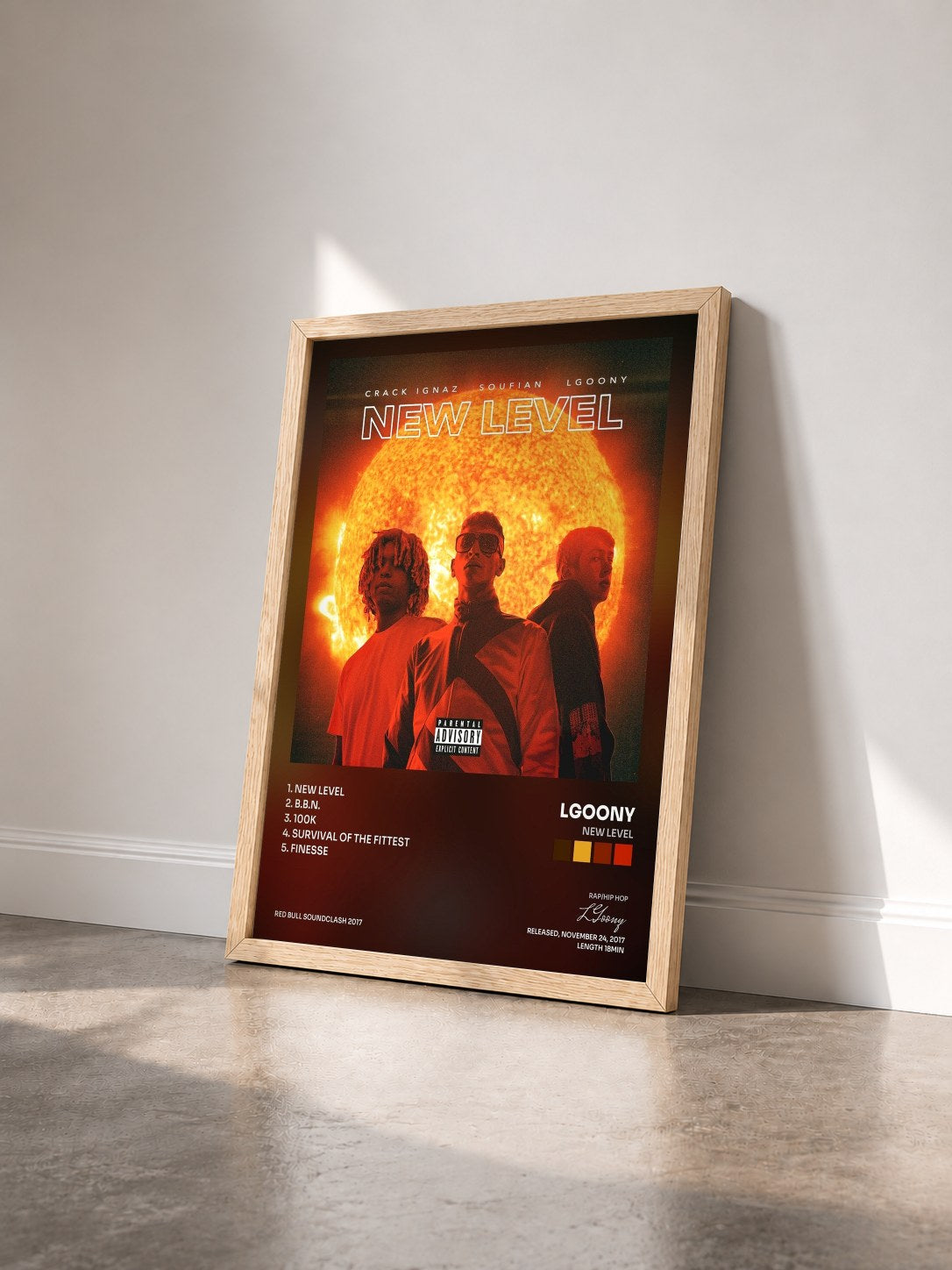 #bois Tableau de l'album New Level de LGoony vu de trois quarts, cadre en bois brut