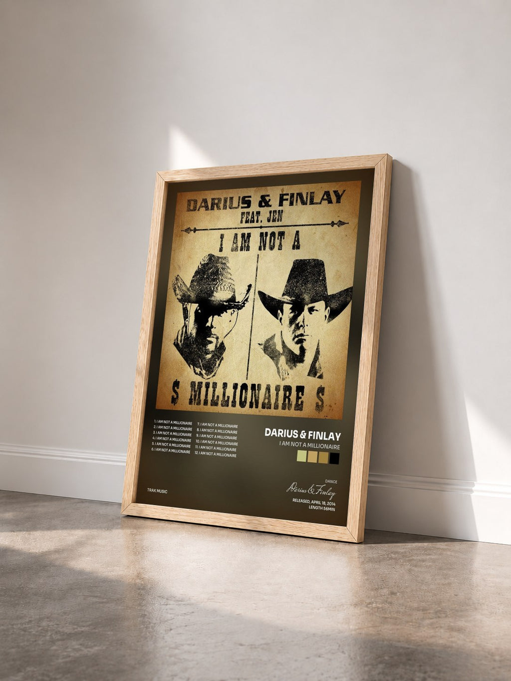 #bois Tableau de l'album I Am Not a Millionaire de Darius & Finlay vu de trois quarts, cadre en bois brut