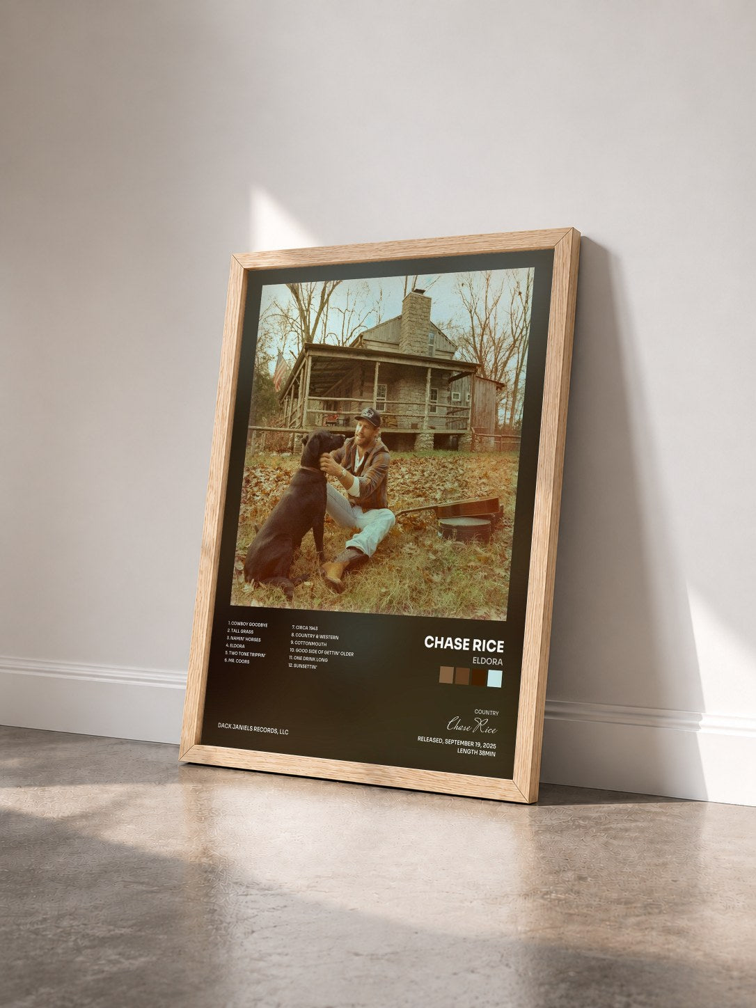#bois Tableau de l'album ELDORA de Chase Rice vu de trois quarts, cadre en bois brut