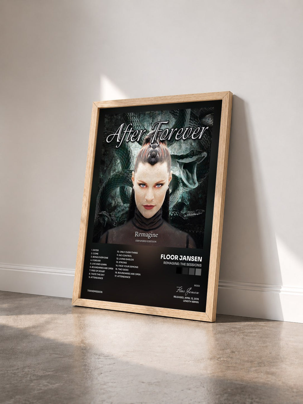 #bois Tableau de l'album Remagine: The Sessions de Floor Jansen vu de trois quarts, cadre en bois brut