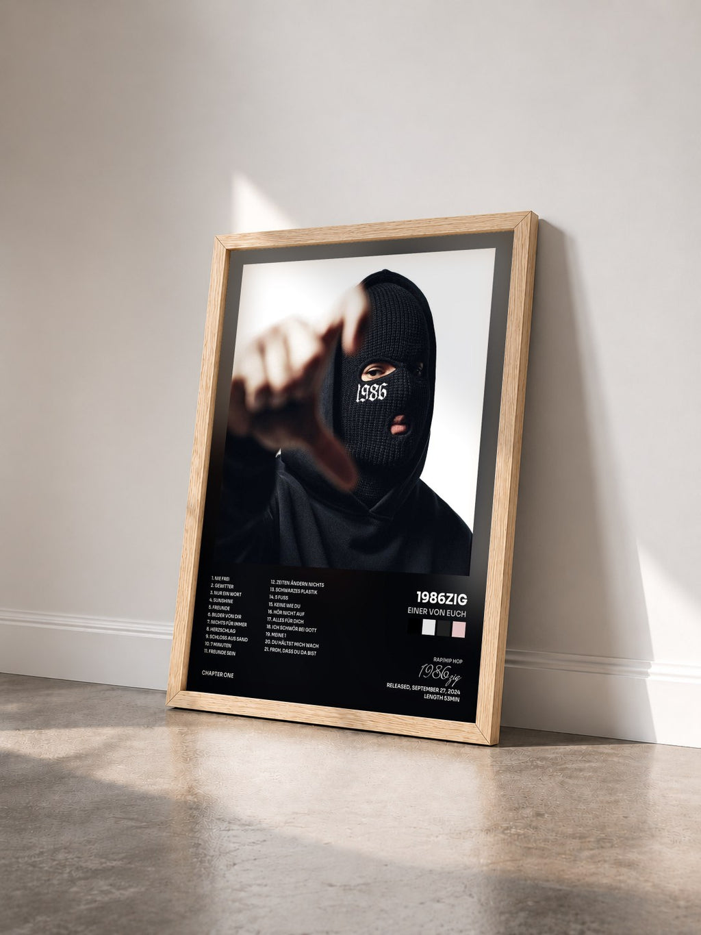 #bois Tableau de l'album Einer von Euch de 1986zig vu de trois quarts, cadre en bois brut
