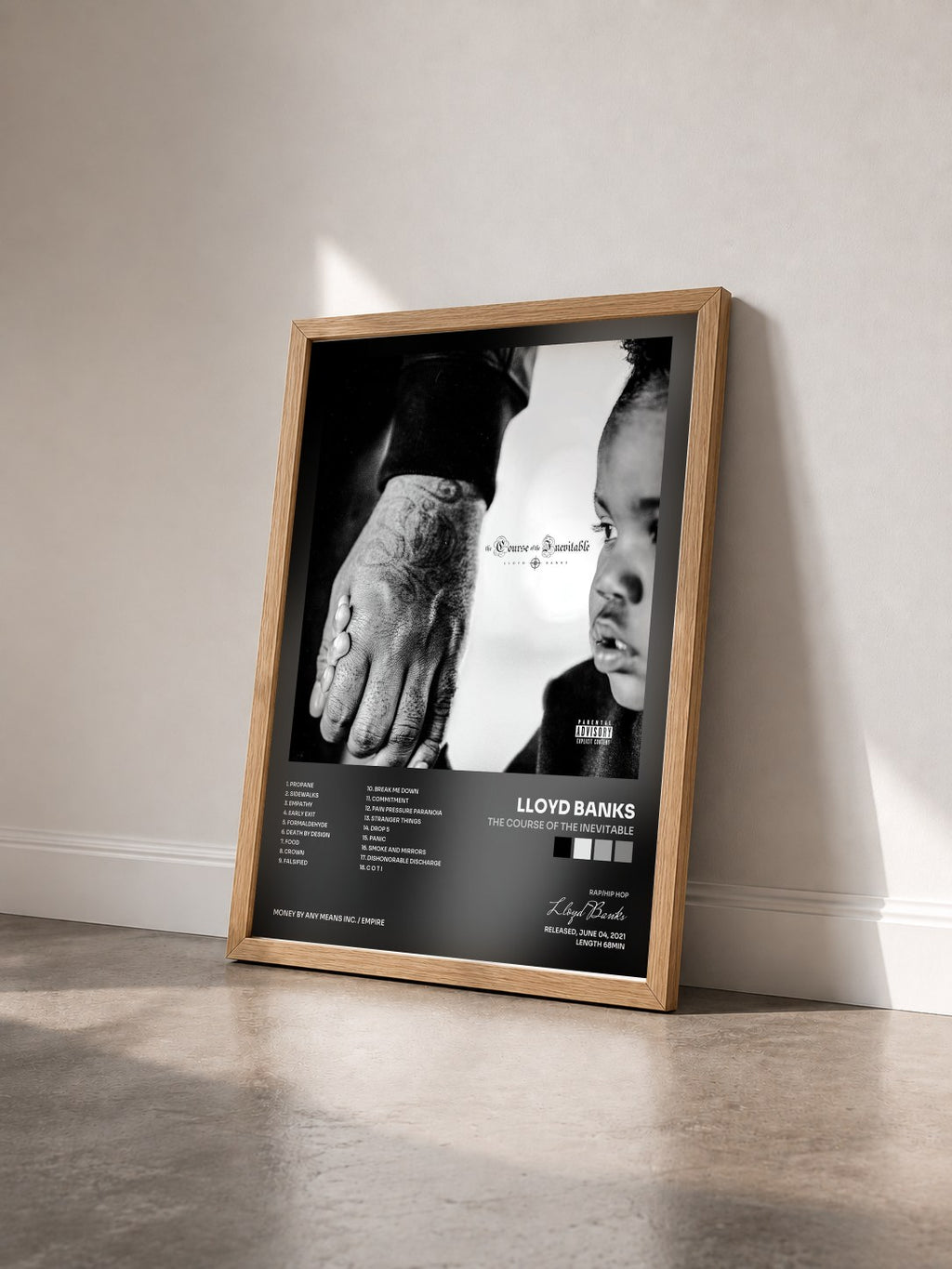 #bois Tableau de l'album The Course of the Inevitable de Lloyd Banks vu de trois quarts, cadre en bois brut