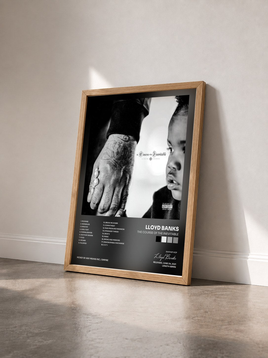 #bois Tableau de l'album The Course of the Inevitable de Lloyd Banks vu de trois quarts, cadre en bois brut