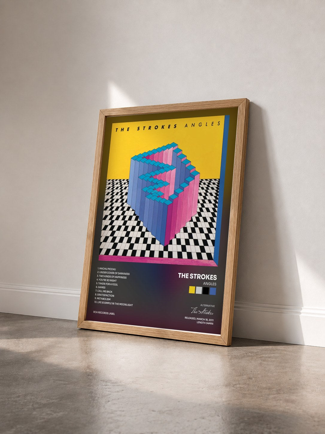 #bois Tableau de l'album Angles de The Strokes vu de trois quarts, cadre en bois brut
