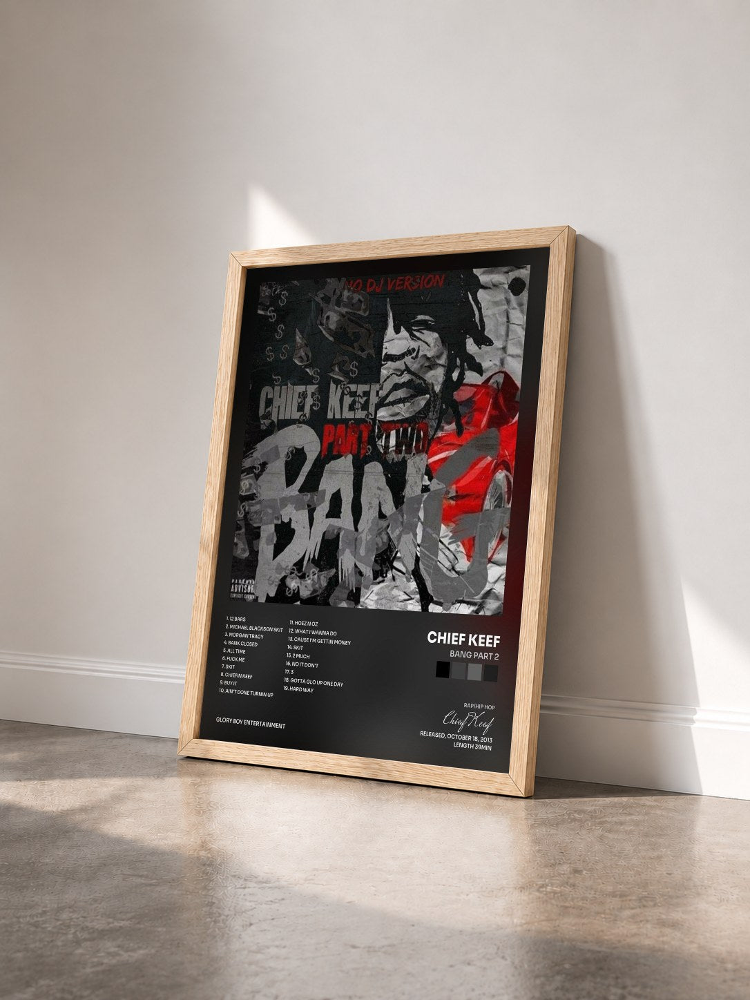 #bois Tableau de l'album Bang Part 2 de Chief Keef vu de trois quarts, cadre en bois brut