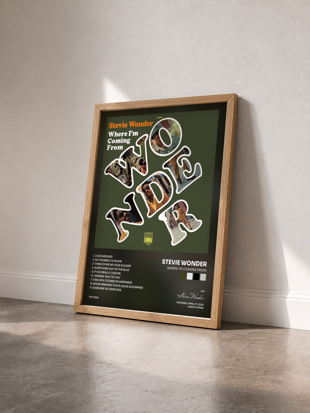 #bois Tableau de l'album Where I'm Coming From de Stevie Wonder vu de trois quarts, cadre en bois brut