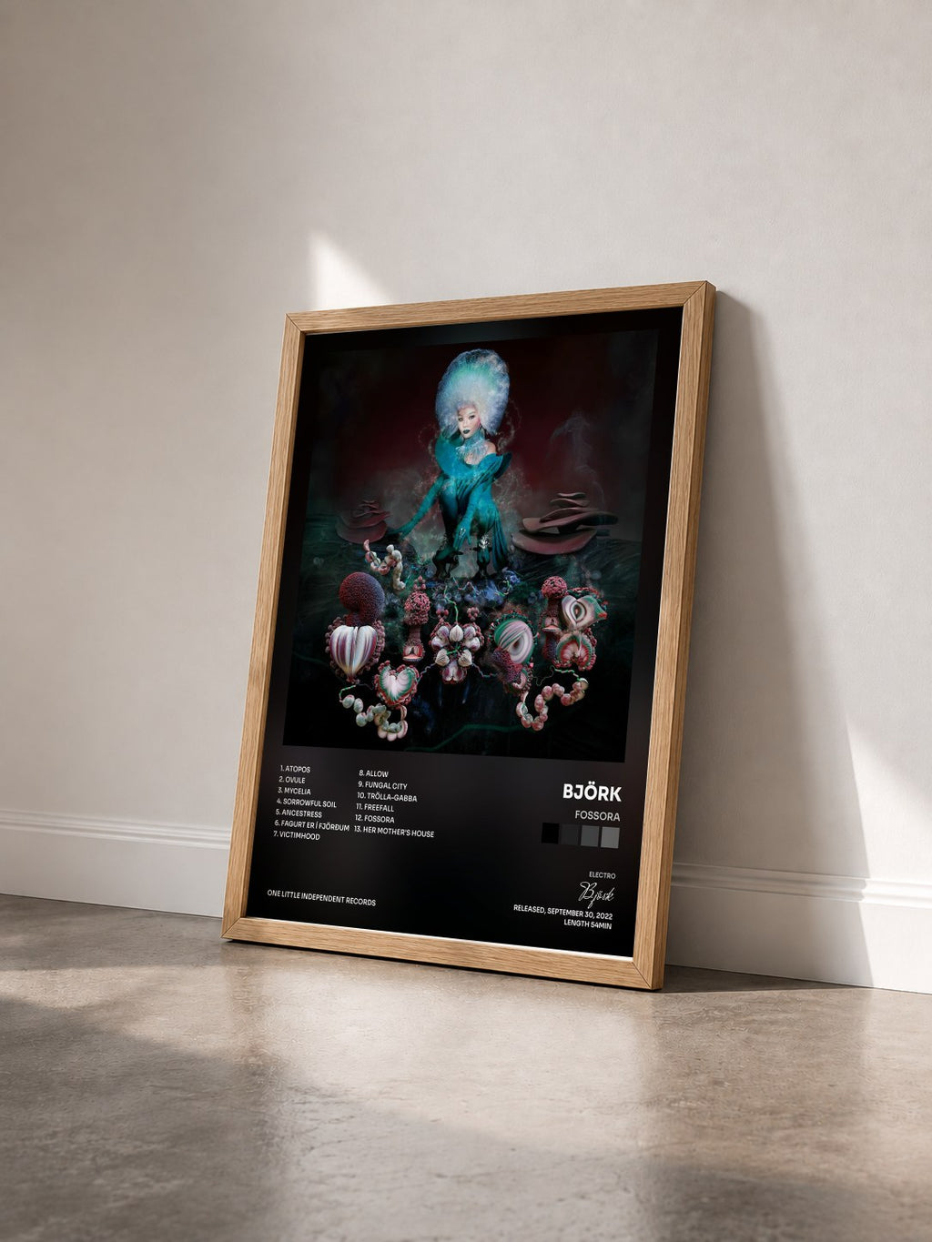 #bois Tableau de l'album Fossora de Björk vu de trois quarts, cadre en bois brut
