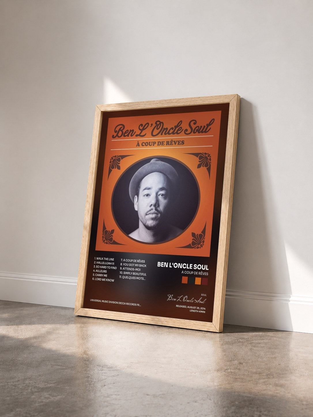#bois Tableau de l'album A Coup De Rêves de Ben L'Oncle Soul vu de trois quarts, cadre en bois brut