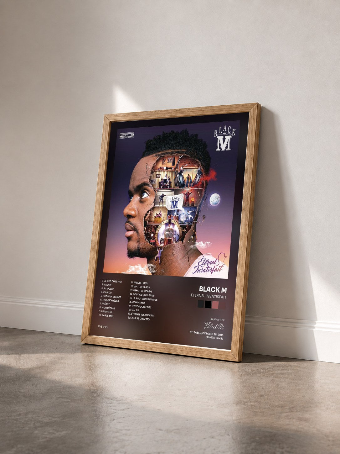 #bois Tableau de l'album Éternel insatisfait de Black M vu de trois quarts, cadre en bois brut