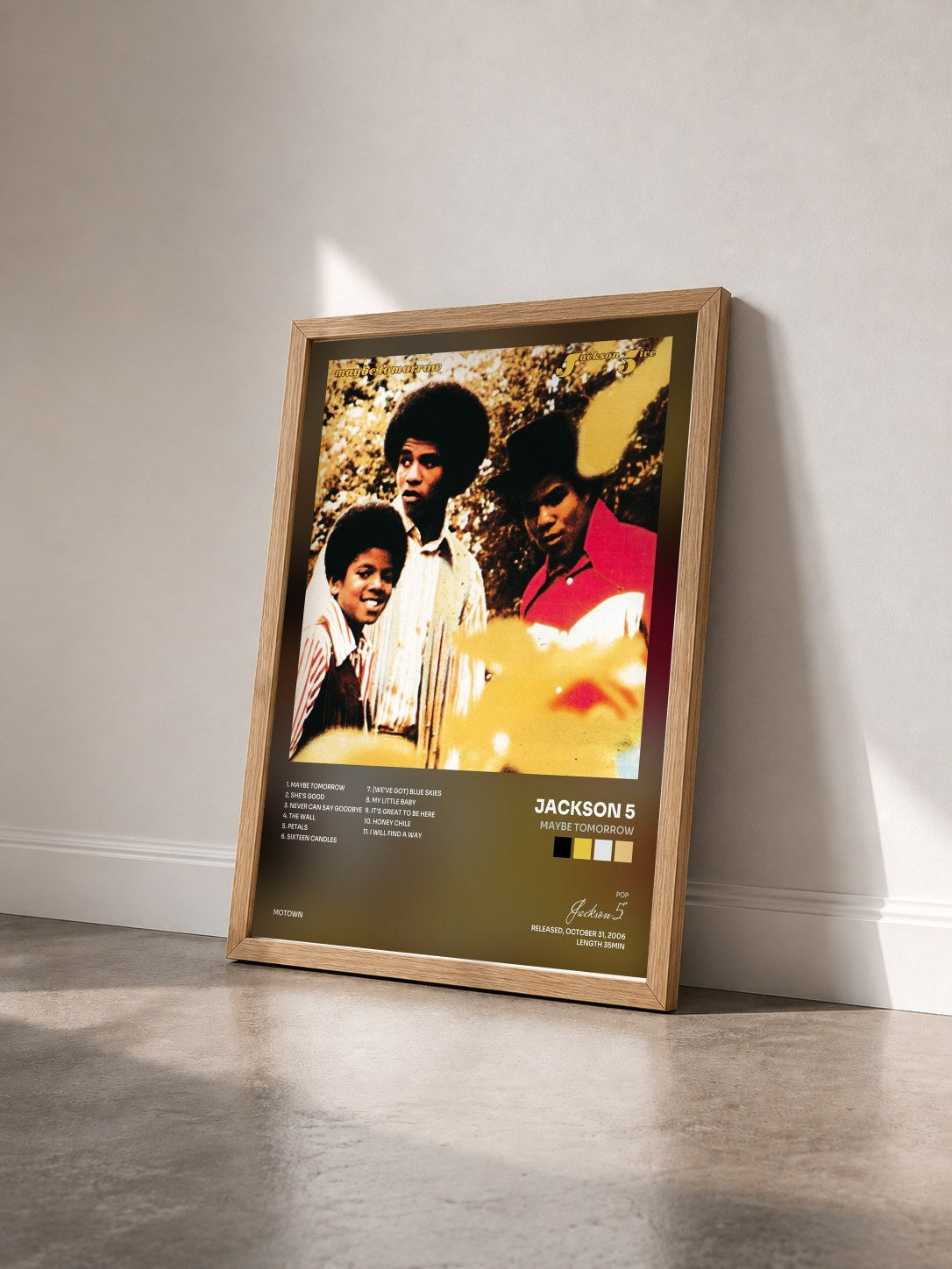 #bois Tableau de l'album Maybe Tomorrow de Jackson 5 vu de trois quarts, cadre en bois brut