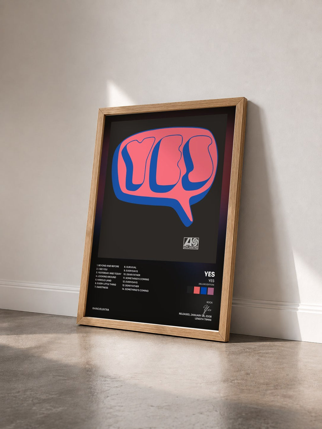 #bois Tableau de l'album Yes (Deluxe Edition) de Yes vu de trois quarts, cadre en bois brut