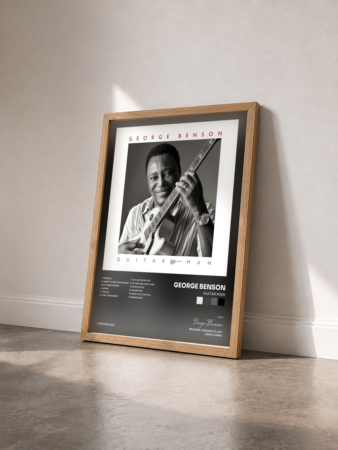#bois Tableau de l'album Guitar Man de George Benson vu de trois quarts, cadre en bois brut