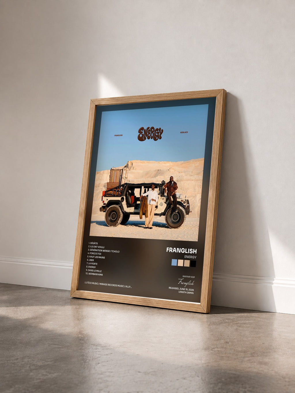 #bois Tableau de l'album ENERGY de Franglish vu de trois quarts, cadre en bois brut