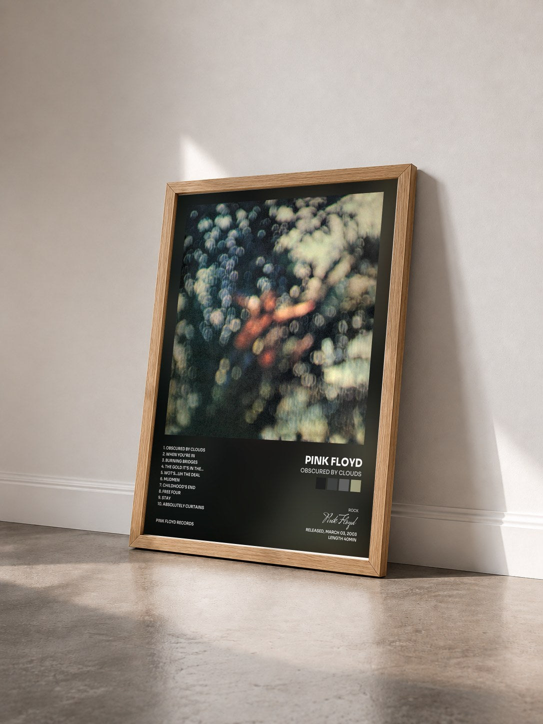 #bois Tableau de l'album Obscured by Clouds de Pink Floyd vu de trois quarts, cadre en bois brut