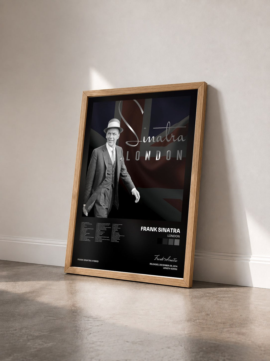 #bois Tableau de l'album London de Frank Sinatra vu de trois quarts, cadre en bois brut
