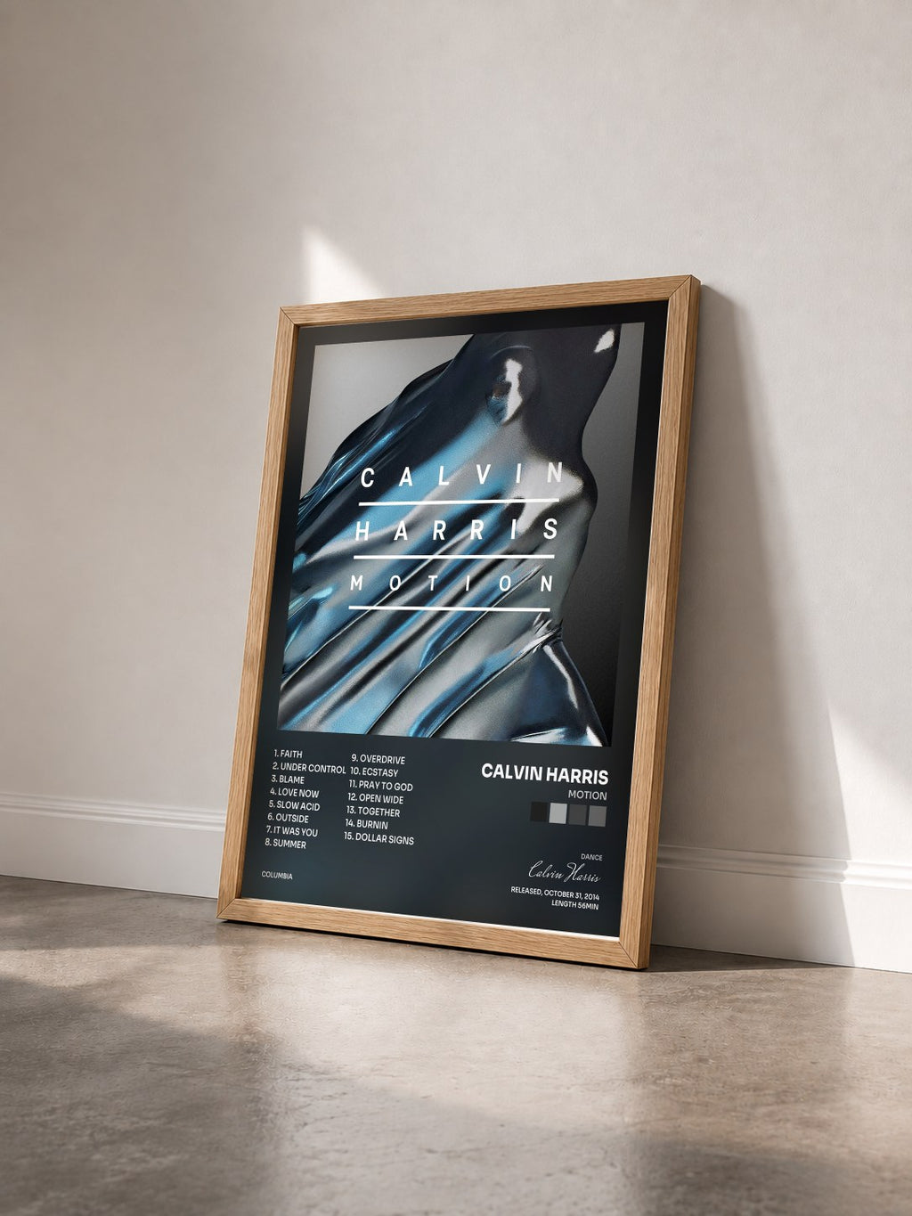 #bois Tableau de l'album Motion de Calvin Harris vu de trois quarts, cadre en bois brut