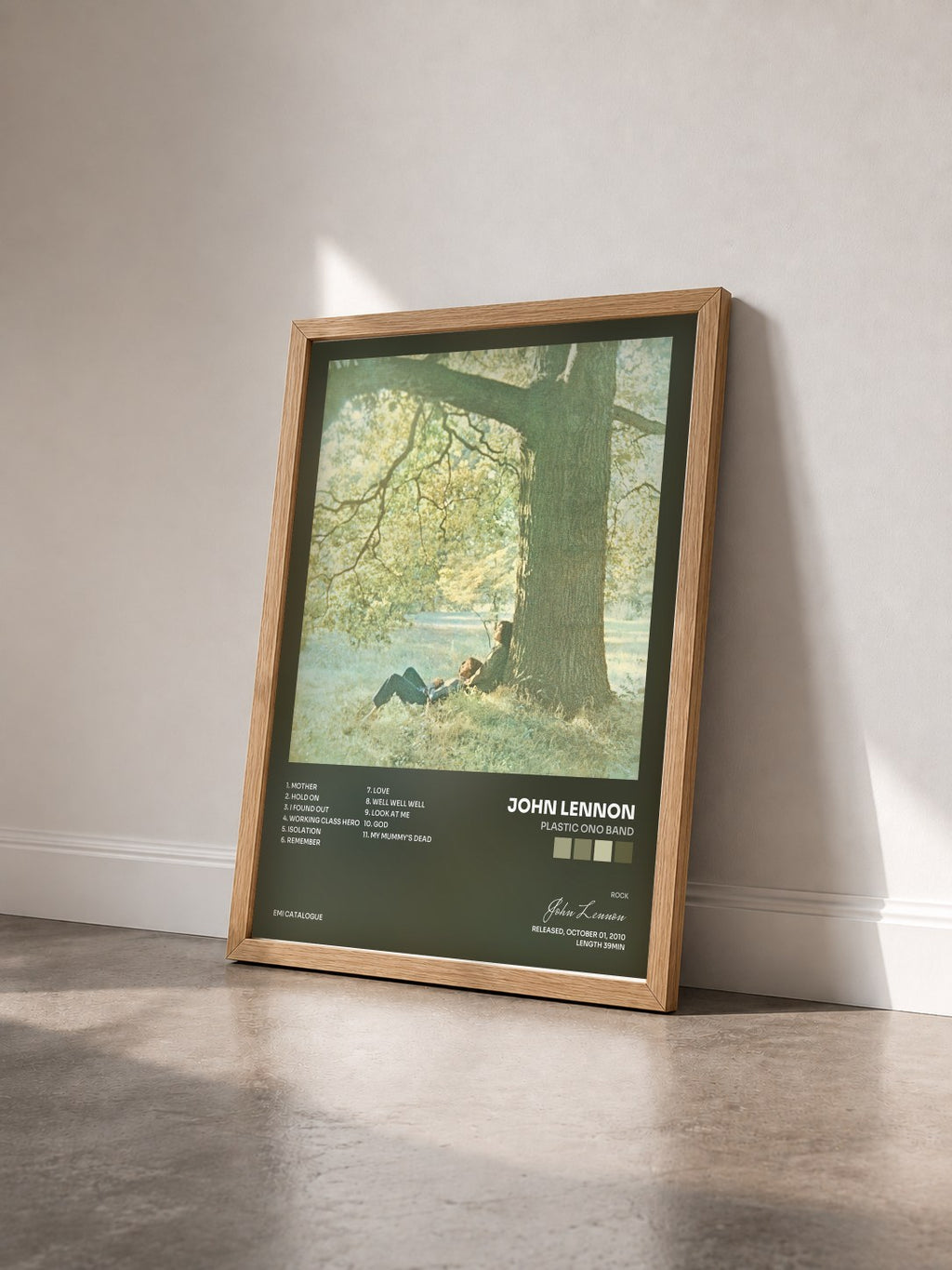 #bois Tableau de l'album Plastic Ono Band de John Lennon vu de trois quarts, cadre en bois brut
