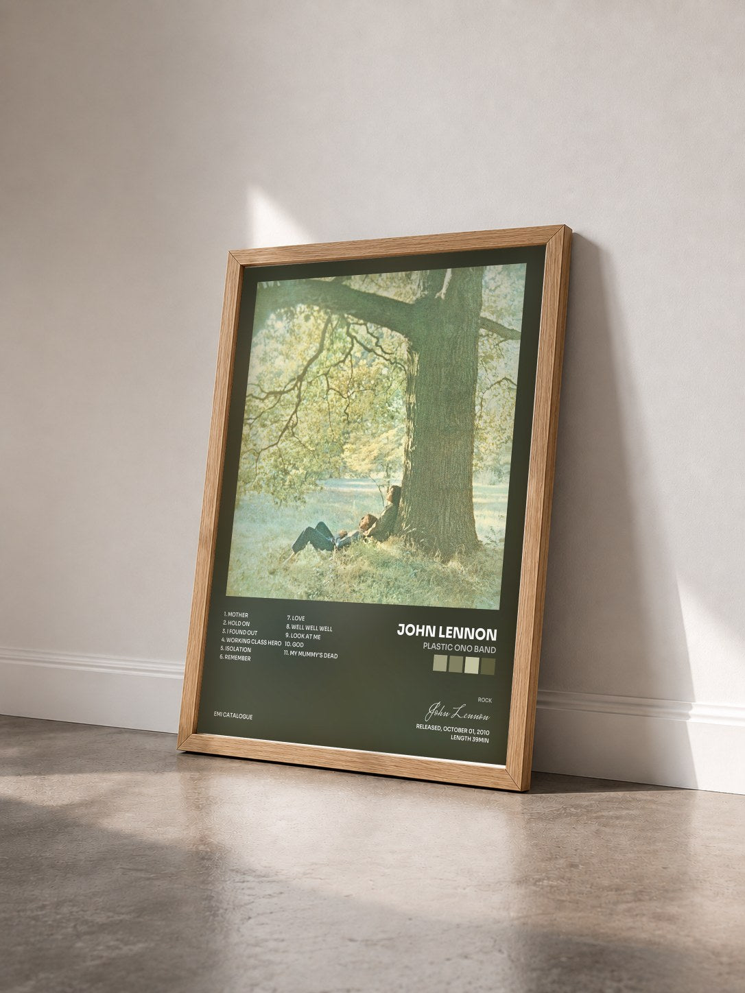 #bois Tableau de l'album Plastic Ono Band de John Lennon vu de trois quarts, cadre en bois brut